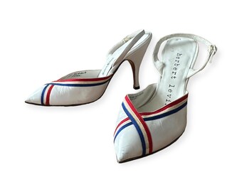 Vintage Herbert Levine White Leather Sling Back Pumps, Tricolor, Size 6B