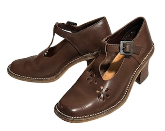 Vintage Italian Brown Leather T-Strap Shoes Chunky Heel EU 38 Made Italy