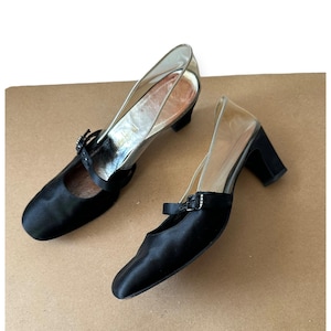 Vintage 60s Herbert Levine Mod Black Satin Clear Vinyl Pumps, Size 7.5 AA