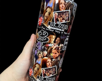 May include: A white stainless steel tumbler with a colorful collage of images from the TV show "Buffy the Vampire Slayer". The tumbler features the text "The Bronze Sunnydale, CA" and the show's logo, a stylized "B".