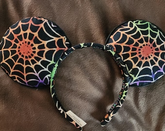 Reversible Halloween Spiderweb Mouse Ears – Purple & Orange Ombre Web Ears – No Bow Disney Inspired Headband – Spooky Theme Park Accessory