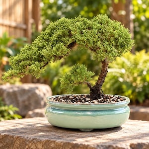 May include: A juniper bonsai tree with dense, vibrant green foliage and a textured, dark brown trunk. The tree is planted in a shallow, round, light blue ceramic pot with a smooth glaze, filled with dark soil and small white pebbles.