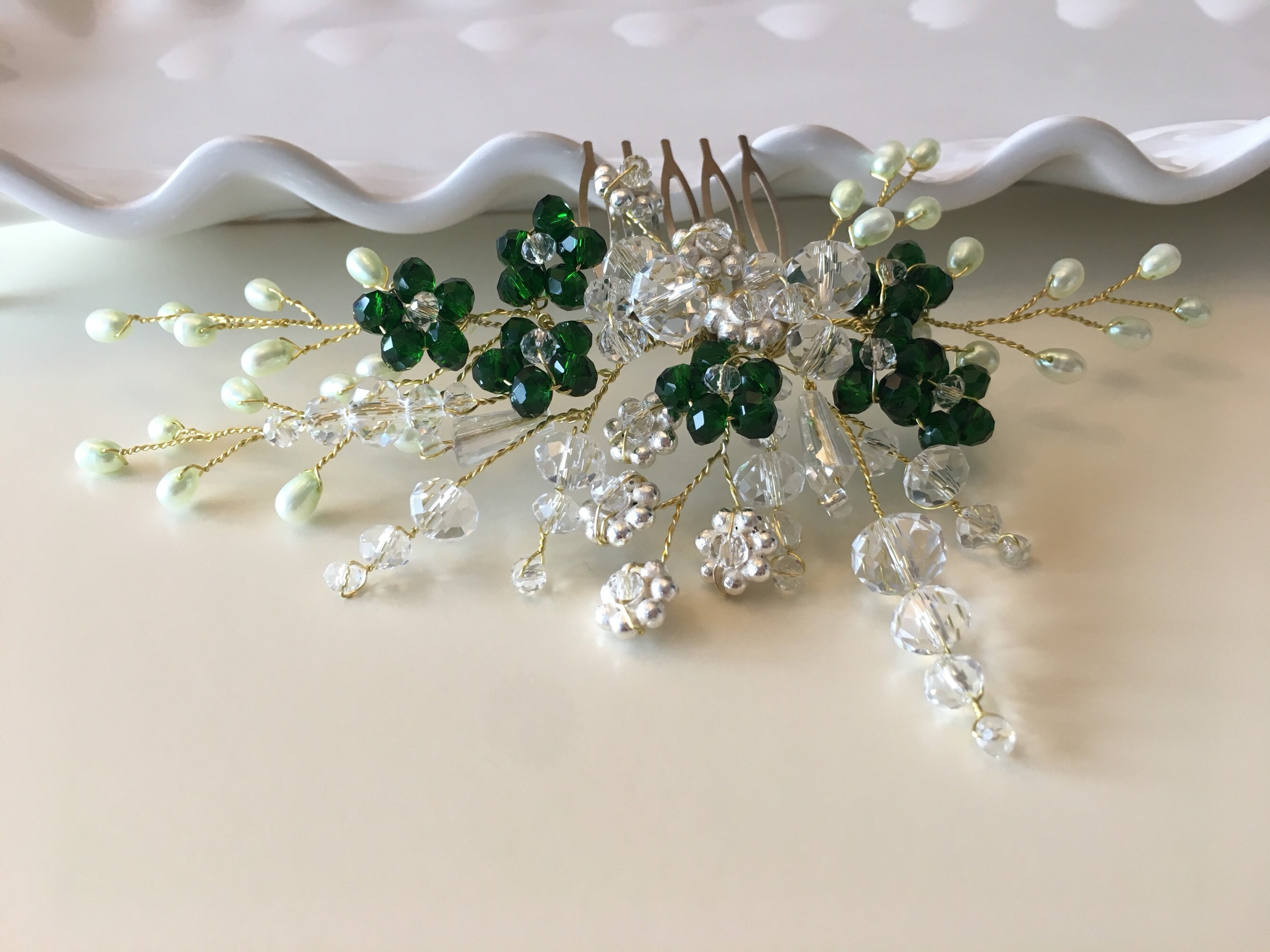 Emerald hair comb bridal hairpiece floral pearl and crystal Etsy