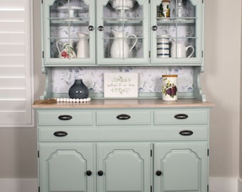 SOLD. Do not buy. Large light green vintage hutch