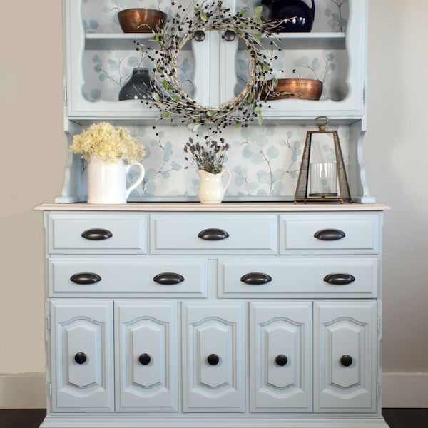 SOLD. Do not buy. Vintage blue/green maple buffet and hutch