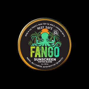 May include: Round, gold-rimmed container of Fango sunscreen. The label features a green octopus illustration, the text "REEF SAFE", and "SPF 50". The text also reads "SUNSCREEN TINTED BLEND" and "2oz (60 mL)".
