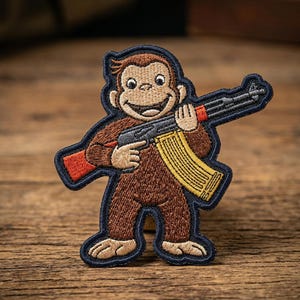 May include: Embroidered patch featuring a smiling brown monkey holding a black and yellow rifle. The patch has a dark blue border and red accents on the rifle. The monkey is smiling and has tan colored feet and hands.