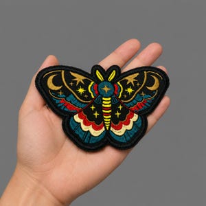 Celestial Moth Embroidered Patch, Moon Stars Butterfly Iron On Badge