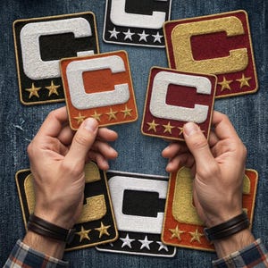 May include: Embroidered patches featuring a white "C" on various colored backgrounds, including black, orange, and burgundy. Each patch has gold star accents. The patches are displayed on a denim background.