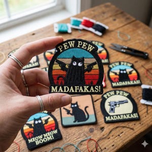 Funny Cat Pew Patch, Retro Sunset Meme Embroidered Badge, Iron On Sew On