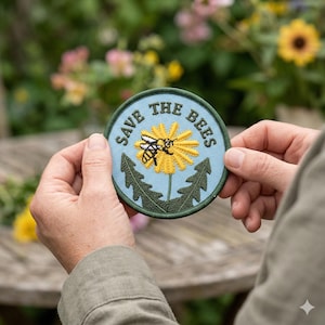 May include: Round embroidered patch with the text "SAVE THE BEES" and a yellow flower with a bee. The patch has a light blue background and green border. The patch is held in front of a blurred background of flowers.