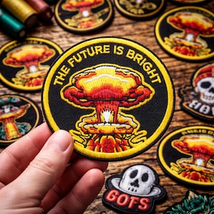 The Future Is Bright Embroidered Patch, Mushroom Cloud Dark Humor Badge (Iron On/Sew On)