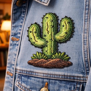 May include: A green cactus patch with black accents is sewn onto a light blue denim jacket. The cactus is embroidered with a detailed design, featuring a brown base and green foliage. The jacket has a buttoned pocket and a button closure.