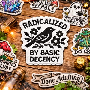May include: A collection of embroidered patches with various designs on a wooden surface. One patch features a black bird with the text "RADICALIZED BY BASIC DECENCY." Other patches include a ghost, a frog, and text like "FULLY *FERAL" and "Done Adulting."