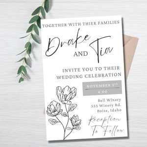 Modern Black and White Flower Wedding Invitation - Fully Editable and Custom