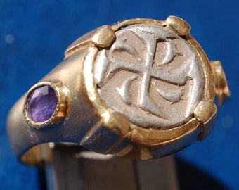 SOLD! Exaltation Ring 18 kt Gold Untreated Blue Sapphire Authentic ancient Greek Coin 5 cen. BC Swastika of Apollo Magical Amulet. Hermetic