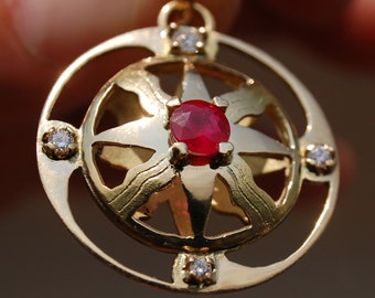 Love & Wealth Talisman Natural Ruby and Diamonds Pendant in 18 ct Gold  Hermetic Astrological Solar Amulet Apollo Swastika Magical Medallion