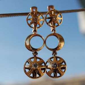 Success Amulet. Diamond Earrings 21 ct Gold Sun Moon Venus Babylonian Symbols