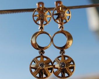 Success Amulet. Diamond Earrings 21 ct Gold Sun Moon Venus Babylonian Symbols