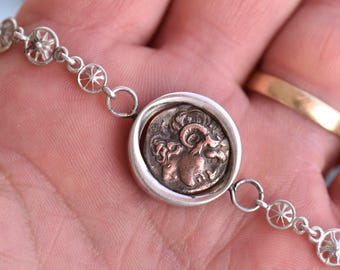 Alexander The Great Solar Bracelet Victory Amulet Gold 3K Silver 925 Copy ancient Greek coin of Lysimachos in 3K Gold