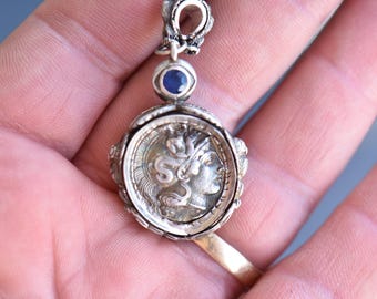 Silver COPY of 'RESERVED! Athena-Taurus Medallion 21k Gold 0.50 ct Diamond Ancient Greek Coin Authentic'