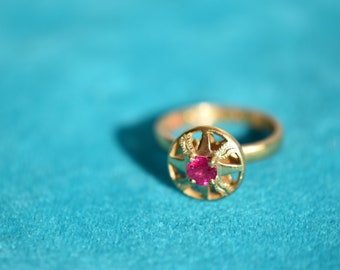 Magical Ruby Solar Ring 21 ct. Gold Amulet for Love Wealth Vitality and Good Luck