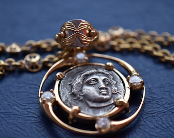 Apollo Medallion with Chain Gold 20.5 ct. Diamonds 0.97 ct. Ancient Greek Silver Coin