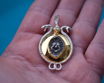 Reserved! Gorgona Reptile Eye Medallion. Ancient Silver Coin in Gold 22.5 ct. Diamond.