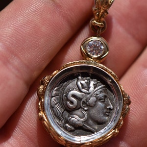 RESERVED!  Athena-Taurus Medallion 21k Gold 0.50 ct Diamond Ancient Greek Coin Authentic