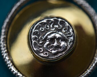 Amulet for Protection, Victory, Health, Wealth and Success.  Gorgon ancient Silver Coin on Gold 22.5 carat, Diamond