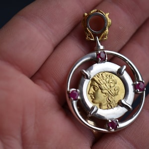 Apollo Medallion Exaltation & Illumination Amulet, Ancient Greek Coin Copy in 21 ct. Gold with Rubies