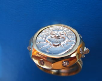 SOLD!  Protection Talisman. 22.5 ct. Gold Ring 8 Diamonds. Authentic ancient Greek Gorgona silver Coin. Magical Amulet Ring.  Hermetic.