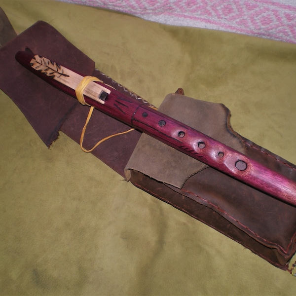 Native American Style Flute and Hand Stitched Leather Pouch Bag