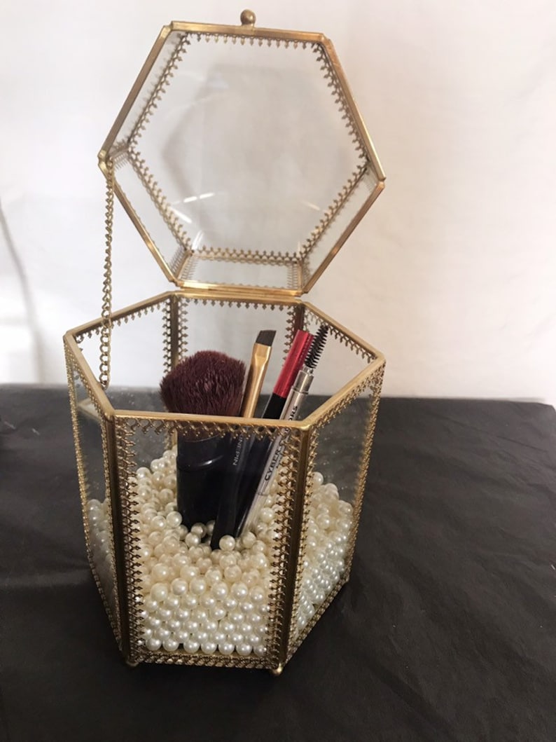 Brass Glass Makeup Brush Holder with lid Makeup Brush Holder Etsy