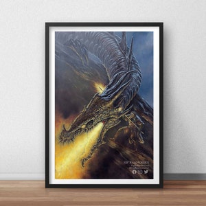 May include: Framed artwork depicting a dragon breathing fire at a warrior. The dragon is dark with detailed scales, and the warrior is small in comparison. The artwork is set against a dark, smoky background with the artist's name at the bottom.