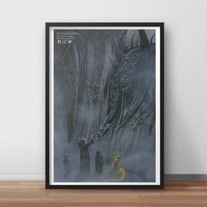 May include: A fantasy illustration of four black dragons flying in a misty sky.  A group of three figures stand on a rocky outcropping below, looking up at the dragons.  The text "KIP RASMUSSEN" is in the top left corner of the image.