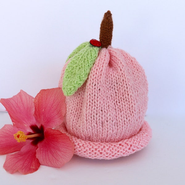 Whimsical Knit Pink Apple Blossom Hat for Toddler with Knit Ladybug on Top. Gift for Kids. Gift for Baby Shower. Toddler Photoshoot Props