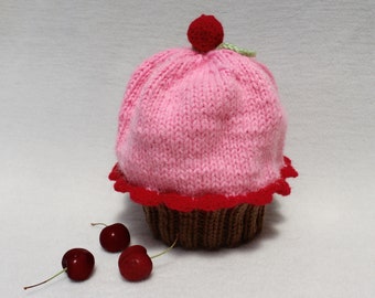 Knit Pink Cupcake Hat for Toddler with Knit Cherry on Top. Gift for Kids. Gift for Baby Shower.