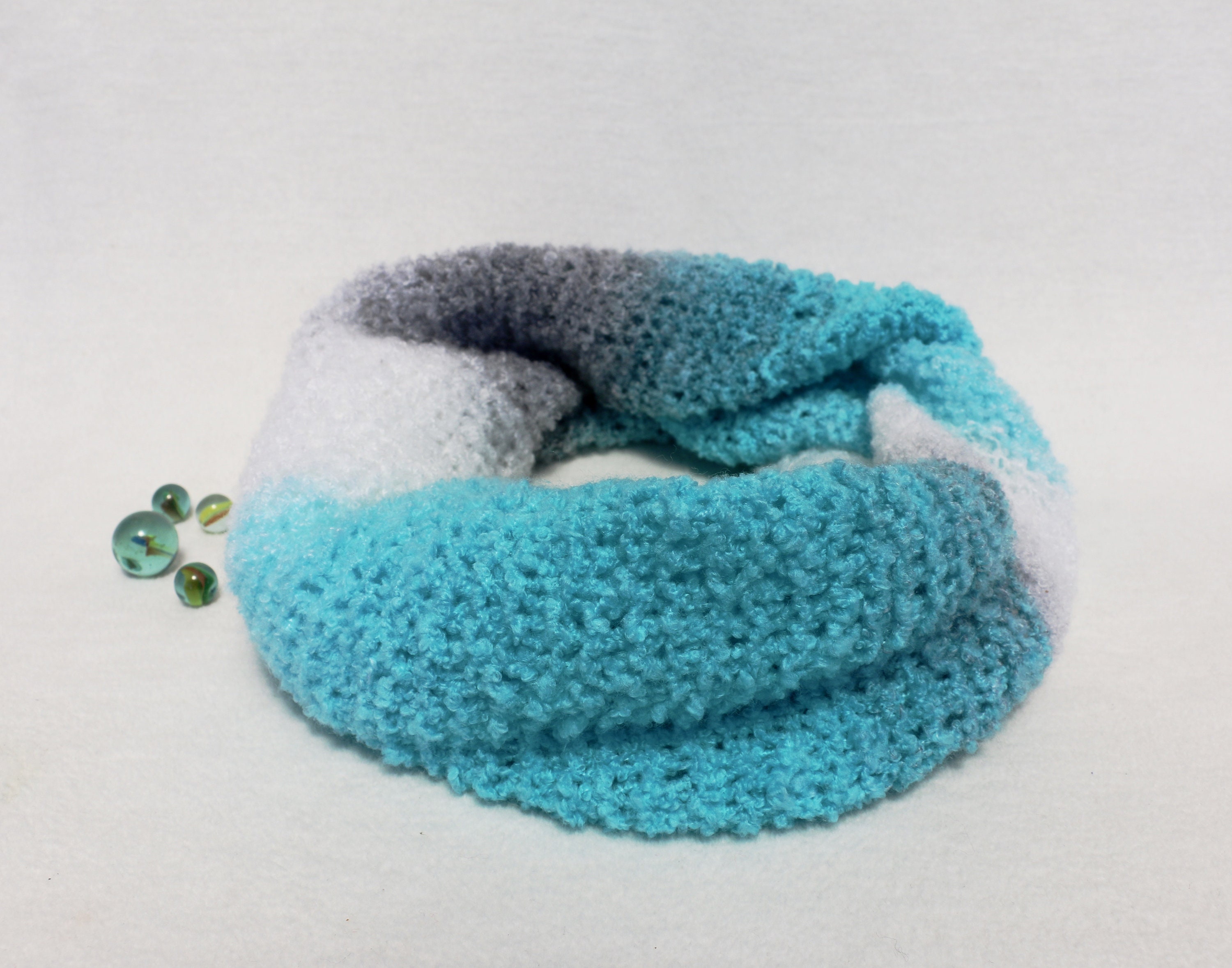 Turquoise Blue and White Boucle Knit Infinity Scarf. Knit Hooded Boho ...