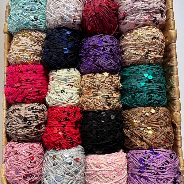 Royal Double Sequins Cotton Yarn, Nuno Felting, Knitting, Crochet, Art Yarn, 6mm&3mm sequin, Decorative Shiny Sparkly Yarn, Gift for Crafter