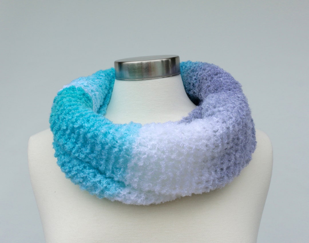 Turquoise Blue and White Boucle Knit Infinity Scarf. Knit Hooded Boho ...