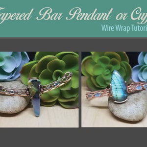 May include: Two wire wrapped jewelry pieces featuring a tapered bar pendant and a cuff bracelet. Both pieces are made with copper wire and feature a blue-green gemstone. The pendant is a teardrop shape and the cuff is a simple, open circle. The jewelry is displayed on a background of green succulents.