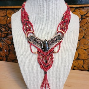 Boho wire wrap and macrame necklace with tiger iron and garnets