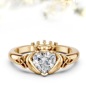 Heart Shape Moissanite Celtic Knot Claddagh Ring, Irish Heart Celtic Traditional Crown Claddagh Ring for Women Promise Ring Mother Gift Ring