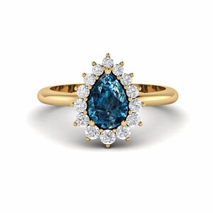 Vintage London Blue Topaz Engagement Ring Gold Pear Shaped Bridal Ring Art deco Wedding Anniversary Gifts Halo Promise Rings for Women