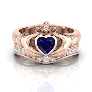 Blue Sapphire Claddagh Ring Set Engagement Ring Set Wedding Ring Love Friendship Promise Ring Claddagh Irish ring for Women Gift for Her
