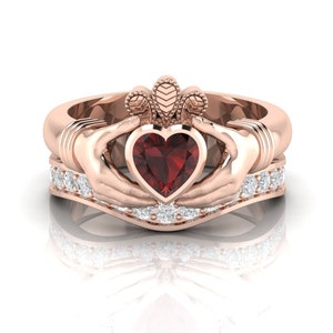 Garnet Claddagh Ring Set Engagement Wedding Ring Set Heart Love and Friendship Promise Ring Set Claddagh Irish ring Birthday Gifts For Her