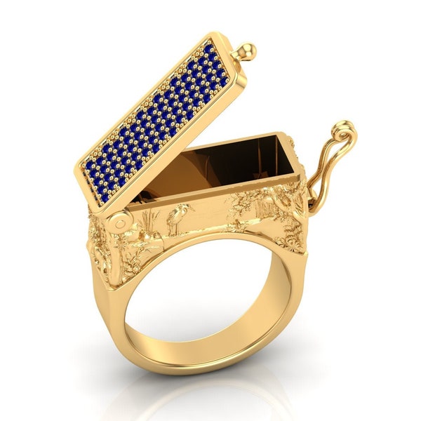 Antique Unique Bleu Saphir Ouvrable Poison Box Ring vintage Art Déco Poison Ring Cadeau d’anniversaire pour ses bagues pour femmes Cadeaux de demoiselle d’honneur