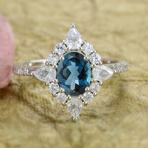 Natural London Blue Topaz Ring, Engagement Ring, Personalized Jewelry, Wedding Gift, Birthstone Jewelry, Wedding Ring, Halo Ring, Gemstone