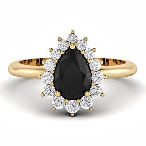 Vintage Black Onyx Engagement Ring Pear Shaped Dark Black Onyx Bridal Ring Art deco Wedding Ring Anniversary Gifts Onyx Halo Ring for Women